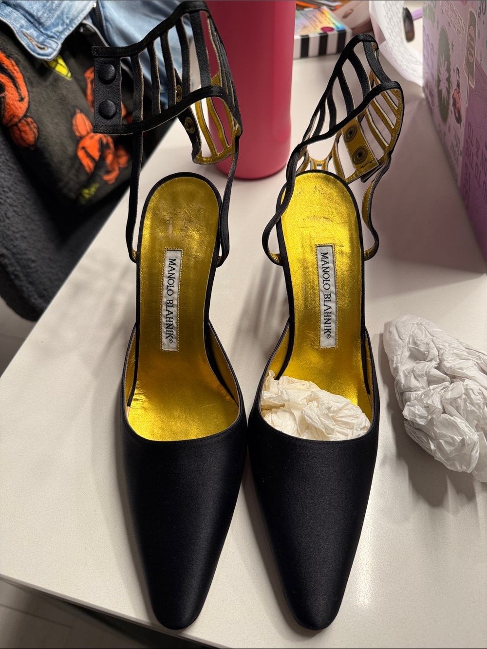 Manolo Blahnik Black Satin Pointed-Toe Heels with Strappy Ankle